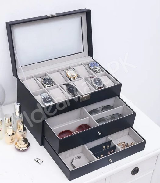 3-layer-leather-12-grid-watch-organizer-with-transparent-lid-lock-for-jewellery-sunglasses-storage-product-image