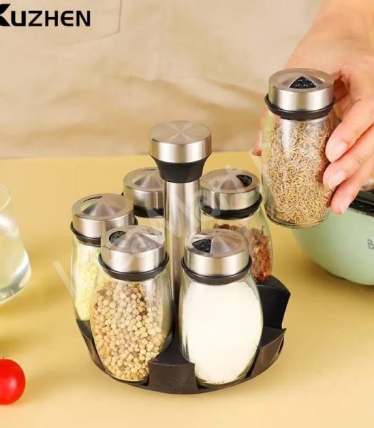 6-piece-glass-spice-jar-set-with-stainless-steel-lids-360-rotating-stand-for-herbs-salt-pepper-storage-product-image