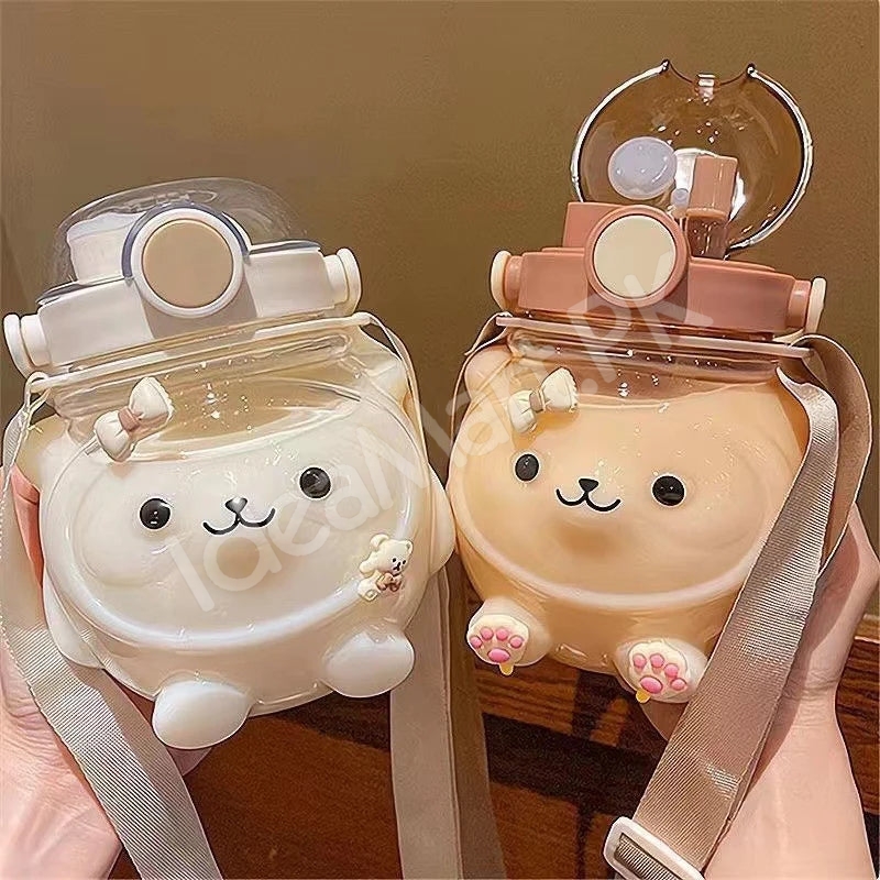 bear-shaped-plastic-water-bottle-1000ml-with-straw-shoulder-strap-for-kids-product-image