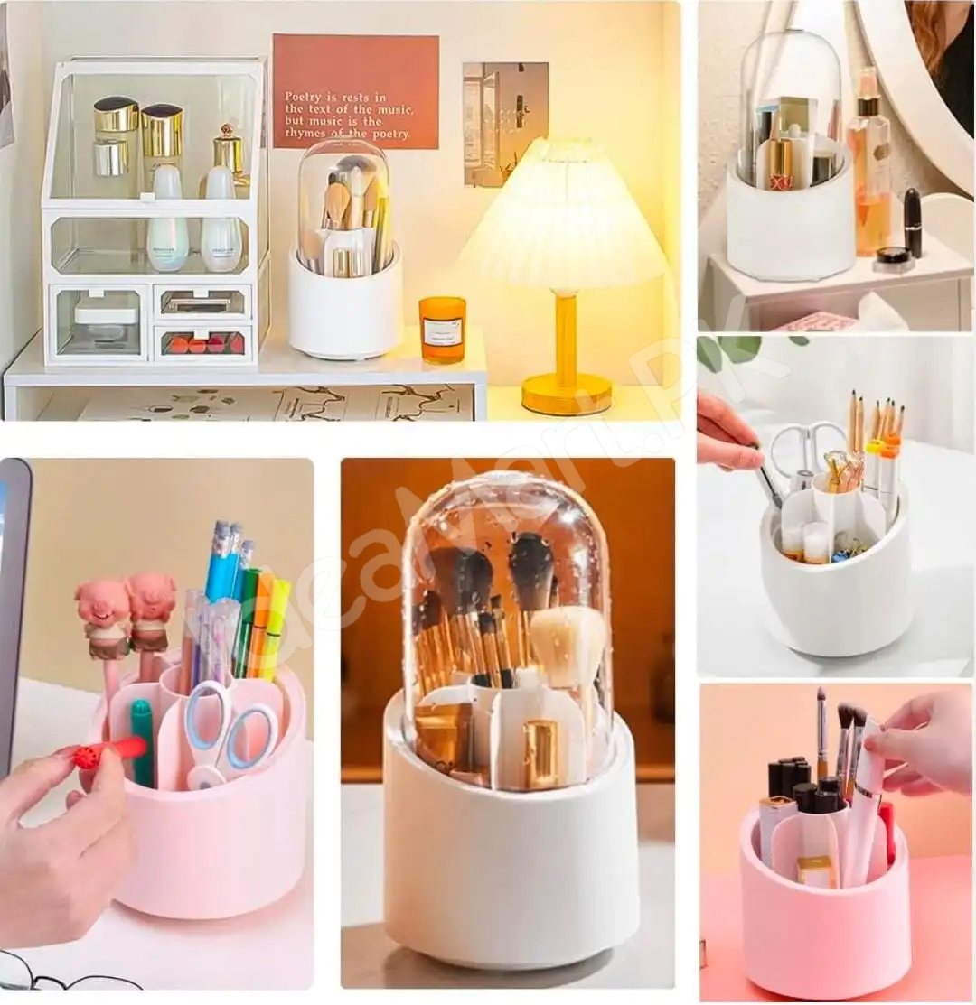 360-rotating-cosmetic-brush-holder-transparent-dust-proof-cover-multi-compartment-organizer-for-makeup-brushes-lipsticks-eyeliners-product-image