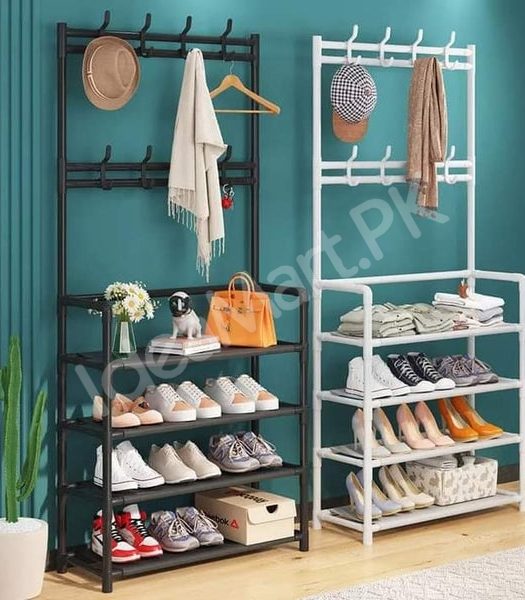 freestanding-metal-organizer-with-8-hooks-and-4-tier-shoe-rack-for-clothes-and-accessories-product-image