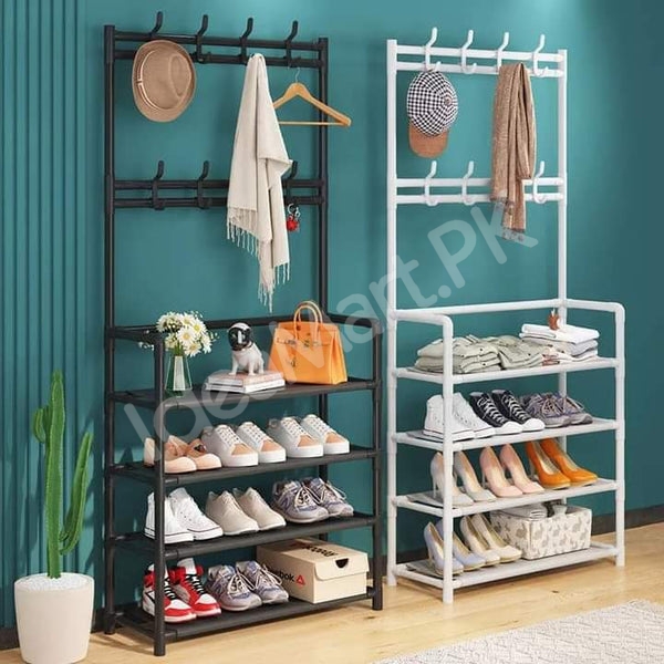 freestanding-metal-organizer-with-8-hooks-and-4-tier-shoe-rack-for-clothes-and-accessories-product-image