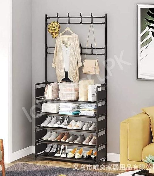 freestanding-metal-organizer-with-8-hooks-and-4-tier-shoe-rack-for-clothes-and-accessories-product-image