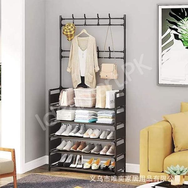 freestanding-metal-organizer-with-8-hooks-and-4-tier-shoe-rack-for-clothes-and-accessories-product-image