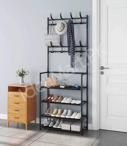 freestanding-metal-organizer-with-8-hooks-and-4-tier-shoe-rack-for-clothes-and-accessories-product-image