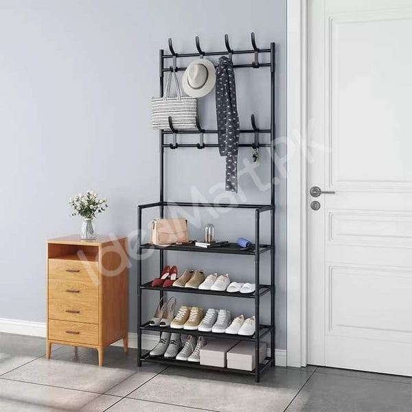 freestanding-metal-organizer-with-8-hooks-and-4-tier-shoe-rack-for-clothes-and-accessories-product-image