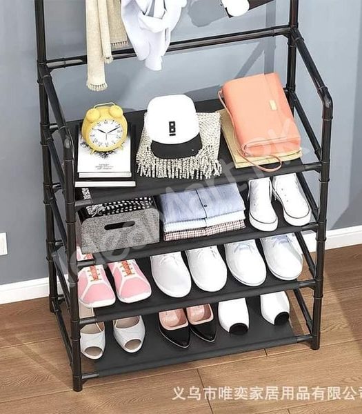 freestanding-metal-organizer-with-8-hooks-and-4-tier-shoe-rack-for-clothes-and-accessories-product-image