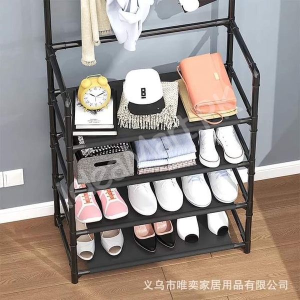 freestanding-metal-organizer-with-8-hooks-and-4-tier-shoe-rack-for-clothes-and-accessories-product-image