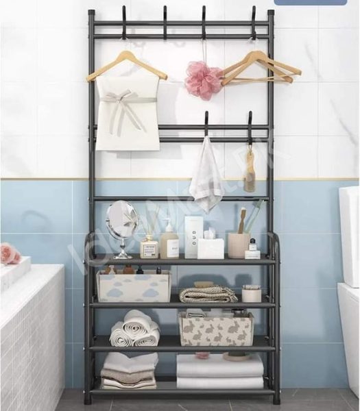 freestanding-metal-organizer-with-8-hooks-and-4-tier-shoe-rack-for-clothes-and-accessories-product-image