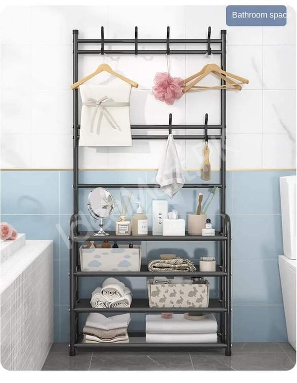 freestanding-metal-organizer-with-8-hooks-and-4-tier-shoe-rack-for-clothes-and-accessories-product-image