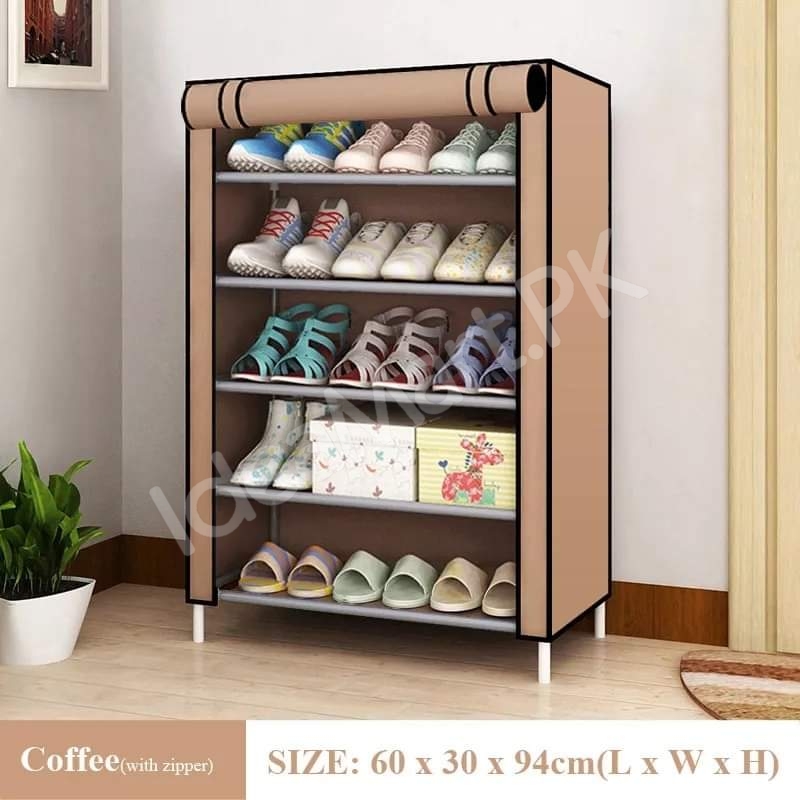 5-tier-portable-shoe-rack-organizer-with-roll-up-dustproof-fabric-cover-metal-frame-product-image