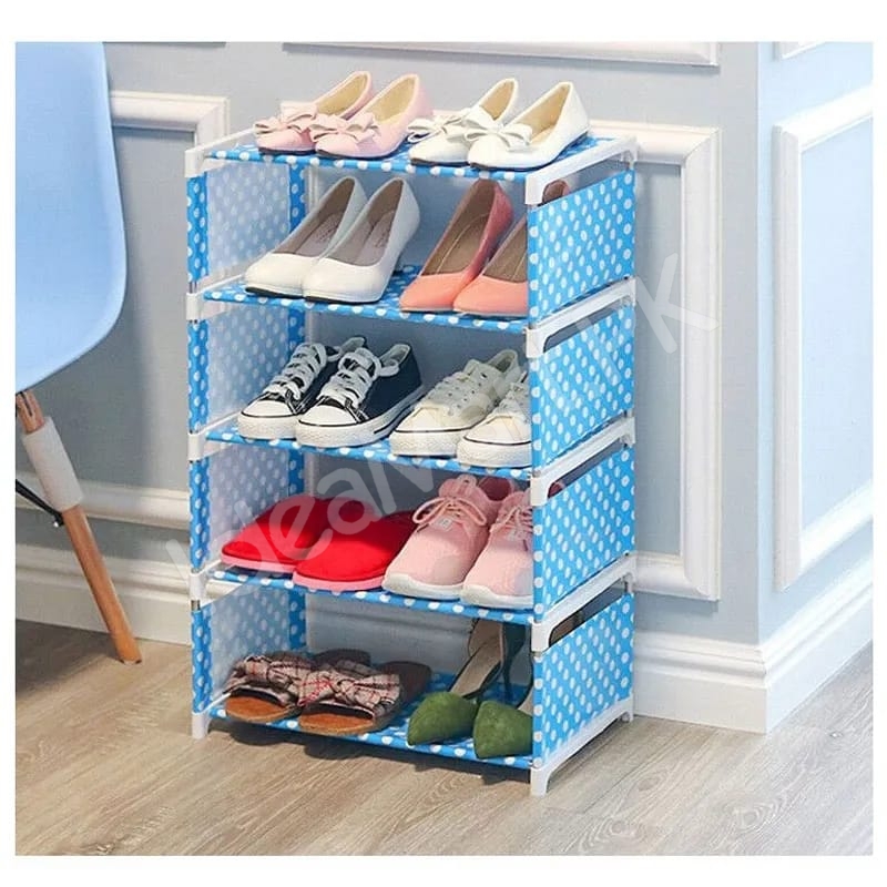5-tier-portable-shoe-rack-with-pink-polka-dot-fabric-shelves-and-pipe-frame-product-image