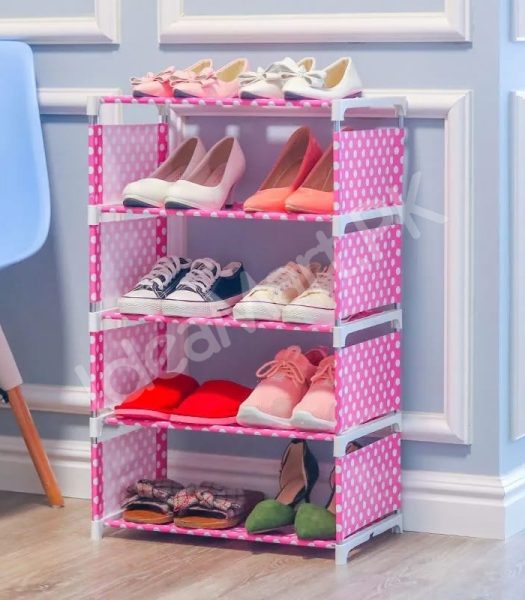5-tier-portable-shoe-rack-with-pink-polka-dot-fabric-shelves-and-pipe-frame-product-image