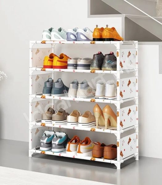5-tier-portable-shoe-rack-with-pink-polka-dot-fabric-shelves-and-pipe-frame-product-image