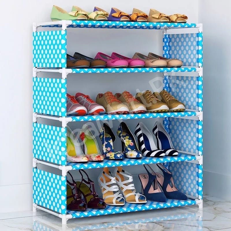 5-tier-portable-shoe-rack-with-pink-polka-dot-fabric-shelves-and-pipe-frame-product-image