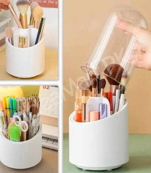 360-rotating-cosmetic-brush-holder-transparent-dust-proof-cover-multi-compartment-organizer-for-makeup-brushes-lipsticks-eyeliners-product-image