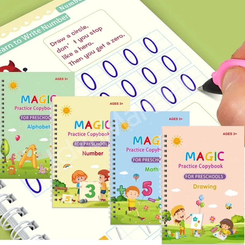 magic-reusable-montessori-copybook-set-4-pcs-with-pen-grip-aid-10-refills-product-image