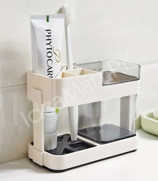 multi-compartment-toothbrush-holder-stand-countertop-organizer-with-clear-rinsing-cup-and-drain-base-product-image
