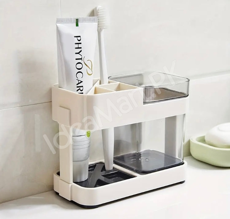 multi-compartment-toothbrush-holder-stand-countertop-organizer-with-clear-rinsing-cup-and-drain-base-product-image