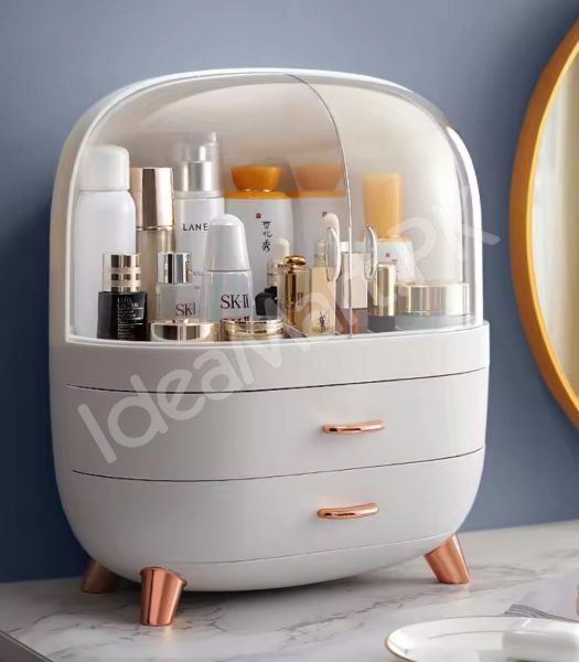 dustproof-cosmetic-storage-box-with-clear-lid-2-drawers-rose-gold-accents-for-vanity-countertop-makeup-organizer-product-image