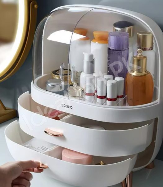 dustproof-cosmetic-storage-box-with-clear-lid-2-drawers-rose-gold-accents-for-vanity-countertop-makeup-organizer-product-image
