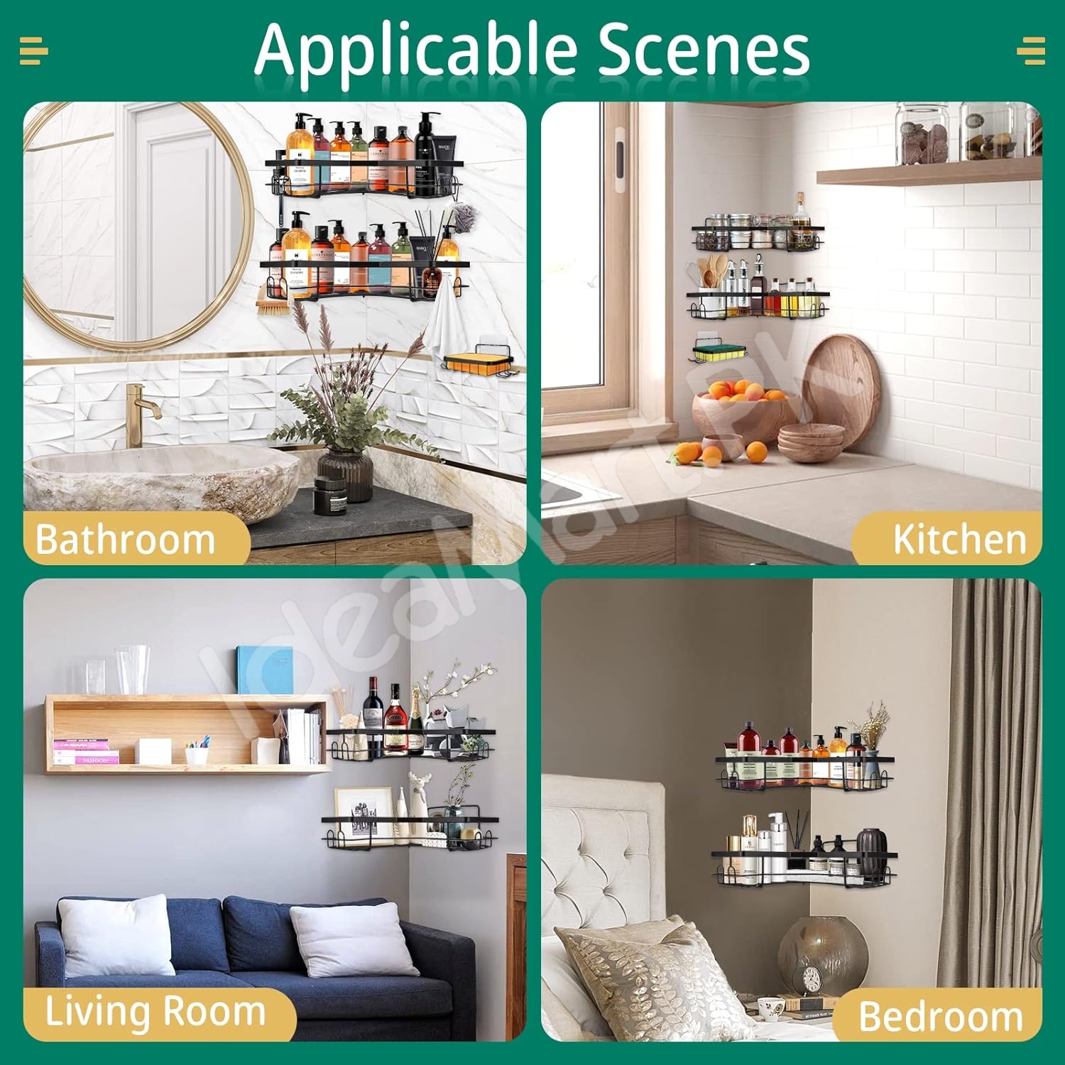 5-piece-black-metal-wire-shower-caddy-organizer-set-adhesive-corner-shelves-rectangular-racks-for-wall-mounted-bathroom-storage-product-image