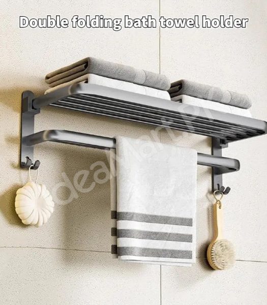 aluminum-space-saving-wall-mounted-double-folding-bath-towel-holder-shelf-with-hooks-for-bathroom-storage-product-image