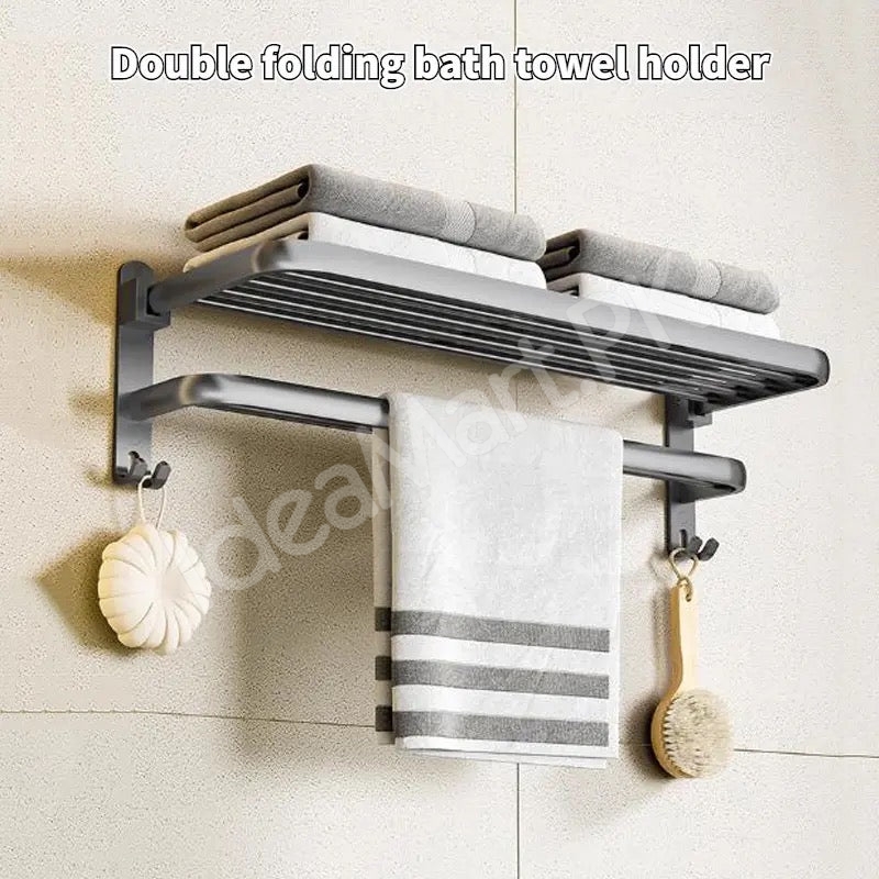 aluminum-space-saving-wall-mounted-double-folding-bath-towel-holder-shelf-with-hooks-for-bathroom-storage-product-image