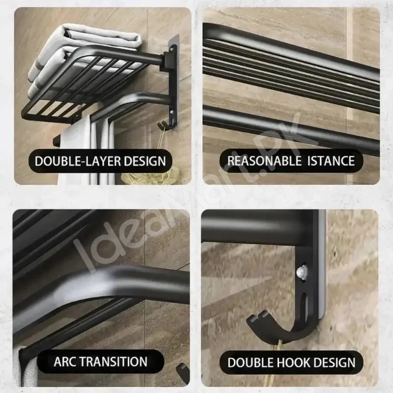 aluminum-space-saving-wall-mounted-double-folding-bath-towel-holder-shelf-with-hooks-for-bathroom-storage-product-image