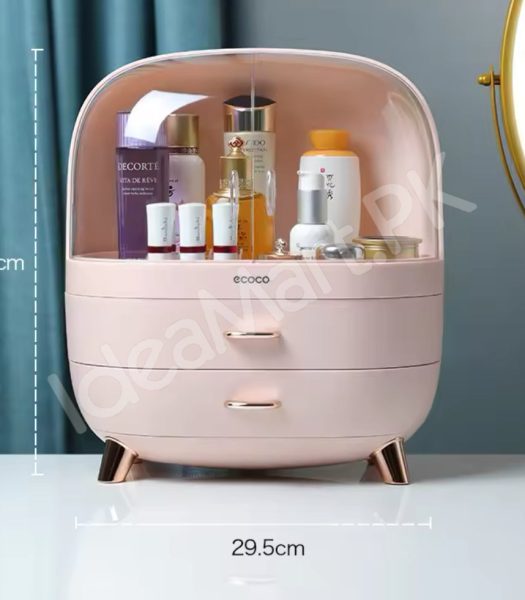 dustproof-cosmetic-storage-box-with-clear-lid-2-drawers-rose-gold-accents-for-vanity-countertop-makeup-organizer-product-image