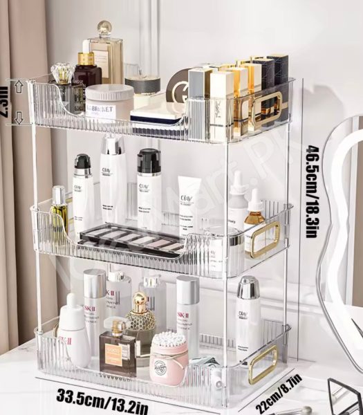 2-tier-clear-acrylic-countertop-organizer-stackable-vanity-storage-rack-with-gold-handles-for-makeup-skincare-bathroom-toiletries-product-image