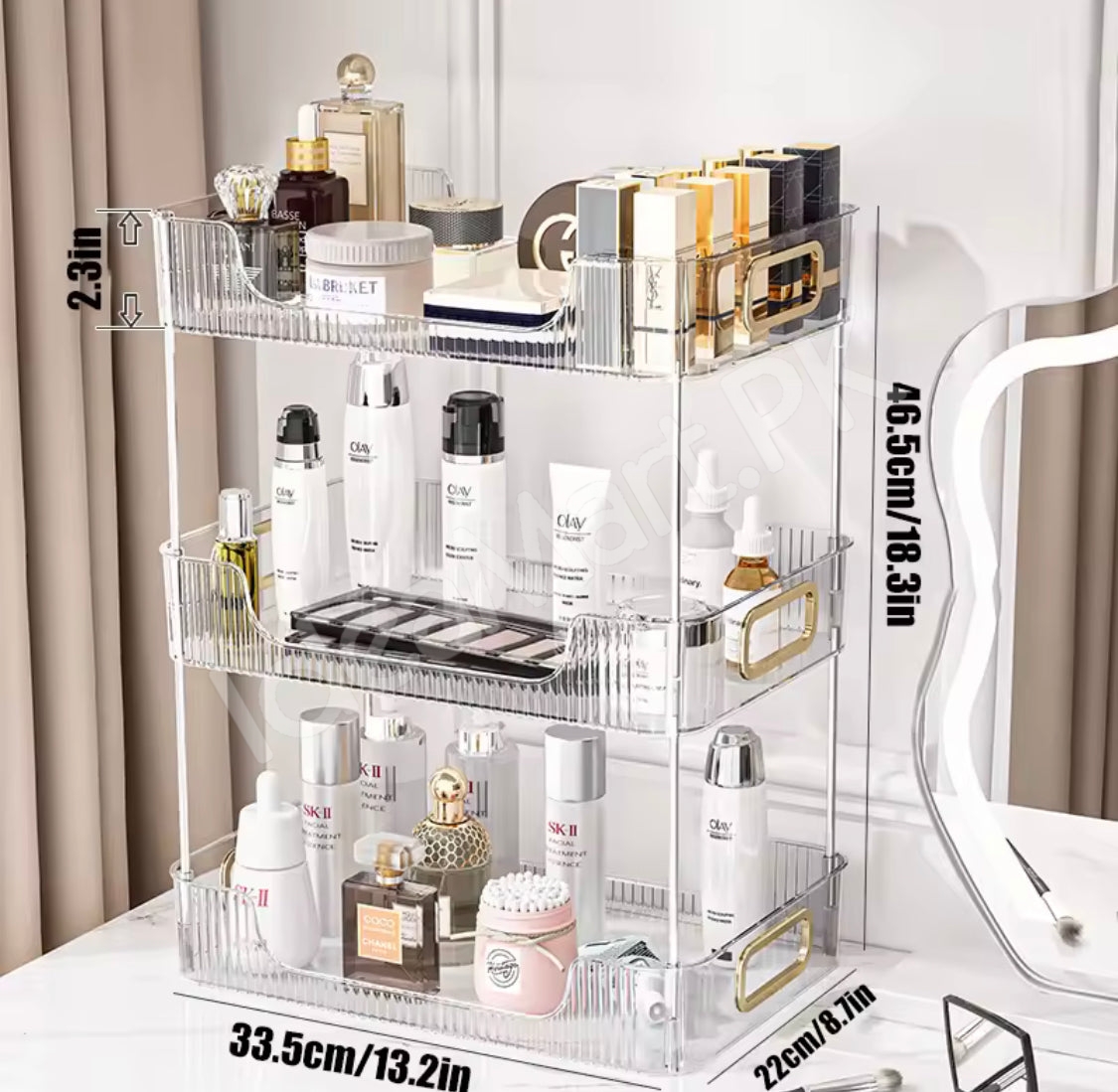 2-tier-clear-acrylic-countertop-organizer-stackable-vanity-storage-rack-with-gold-handles-for-makeup-skincare-bathroom-toiletries-product-image