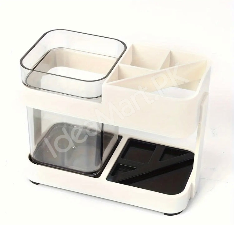 multi-compartment-toothbrush-holder-stand-countertop-organizer-with-clear-rinsing-cup-and-drain-base-product-image