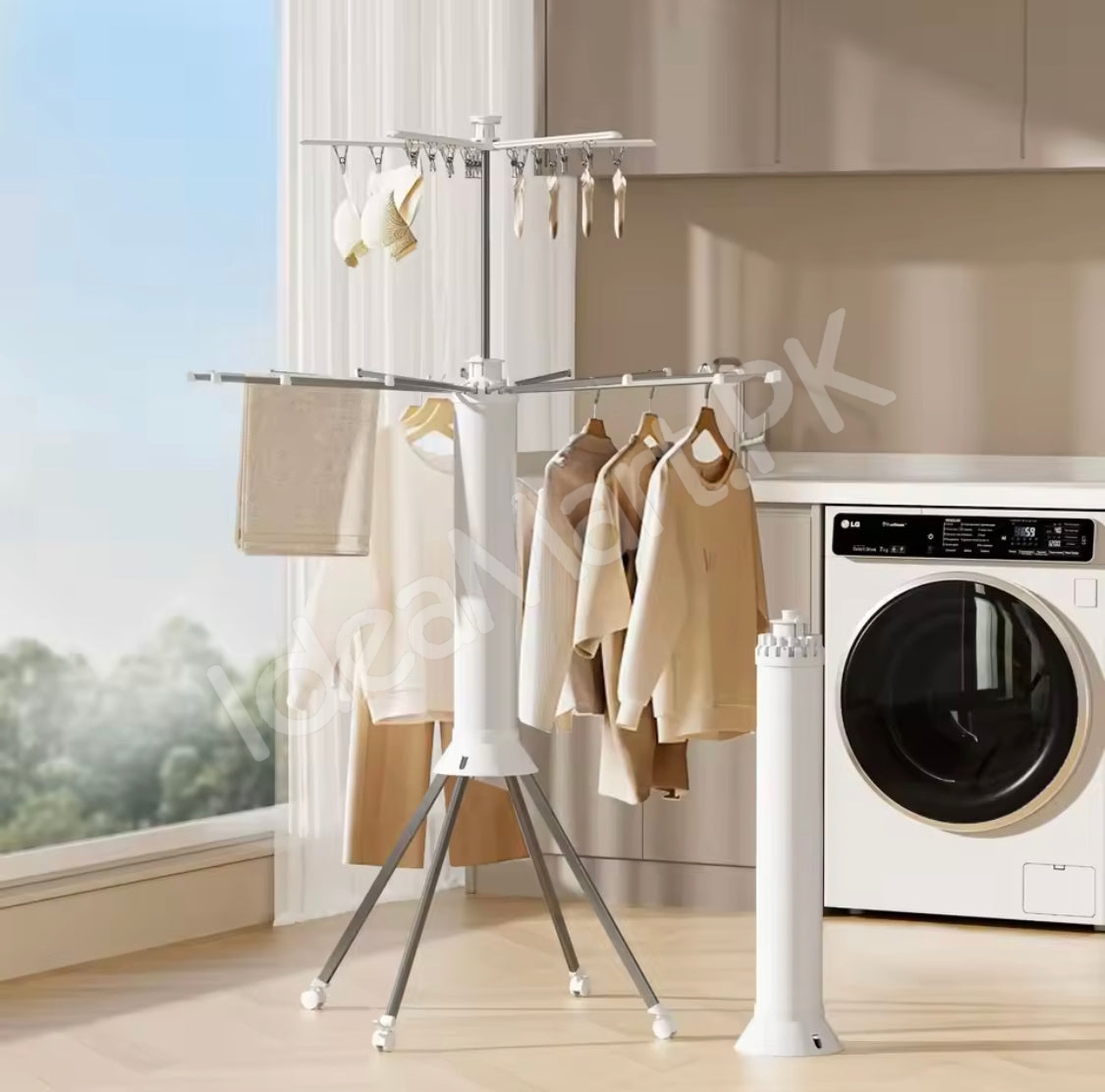 collapsible-clothes-drying-rack-with-tripod-legs-shoe-holders-hanging-clips-and-multi-layer-design-for-home-balcony-product-image