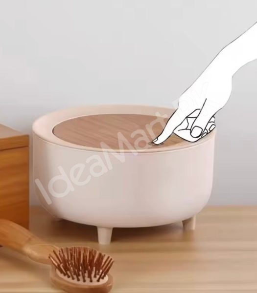 nordic-press-round-desktop-trash-can-with-wooden-lid-compact-waste-bin-for-office-desk-vanity-countertop-bedside-use-product-image