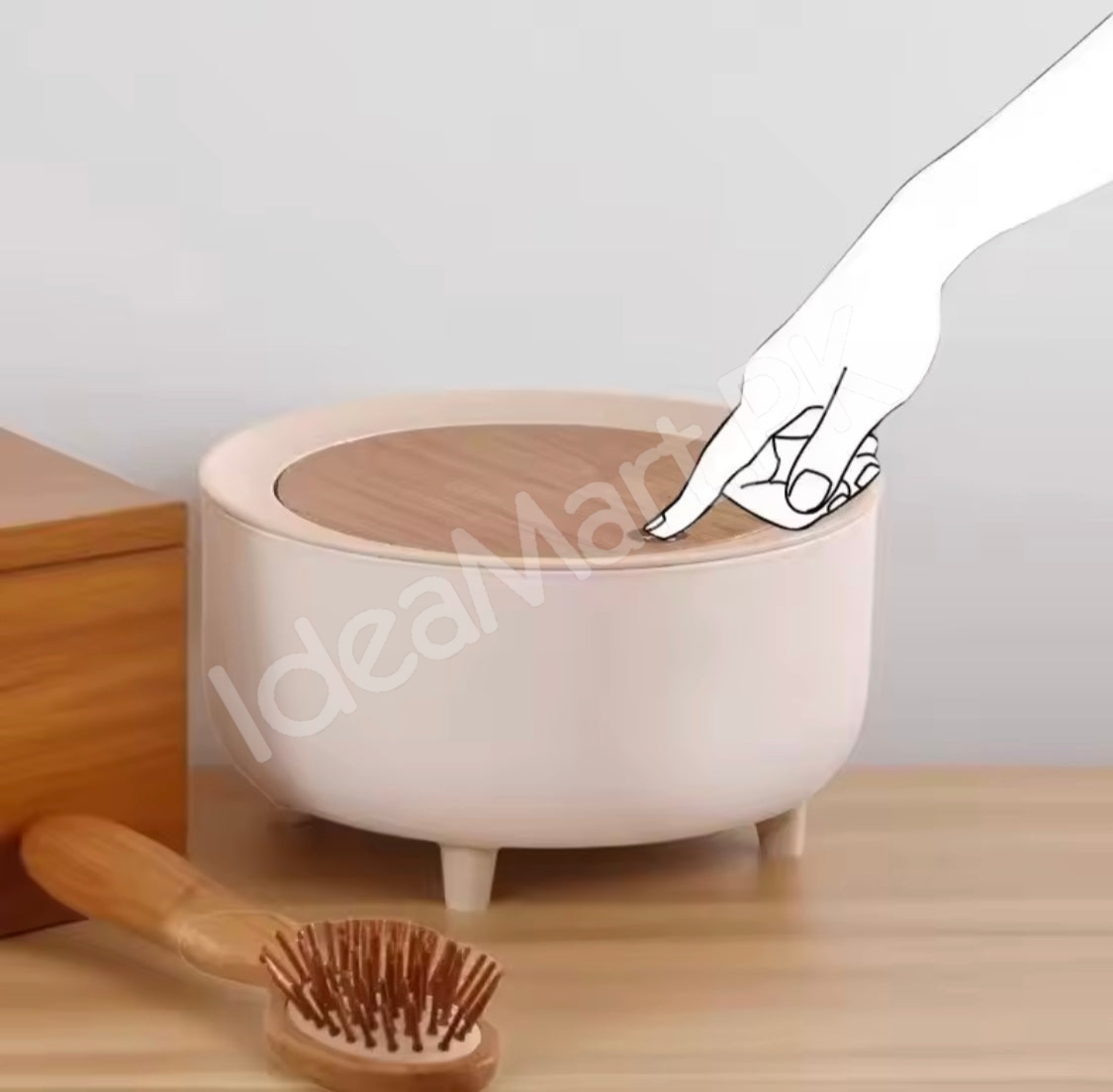 nordic-press-round-desktop-trash-can-with-wooden-lid-compact-waste-bin-for-office-desk-vanity-countertop-bedside-use-product-image