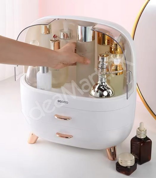 dustproof-cosmetic-storage-box-with-clear-lid-2-drawers-rose-gold-accents-for-vanity-countertop-makeup-organizer-product-image
