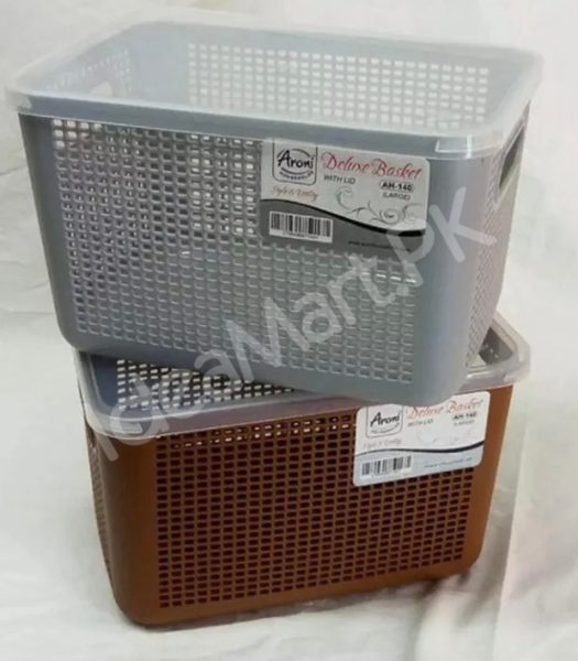 rectangular-perforated-plastic-storage-basket-with-clear-lid-built-in-carry-handlesfor-multi-purpose-home-storage-product-image