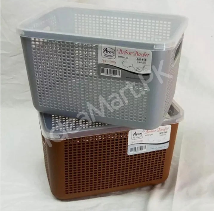 rectangular-perforated-plastic-storage-basket-with-clear-lid-built-in-carry-handlesfor-multi-purpose-home-storage-product-image