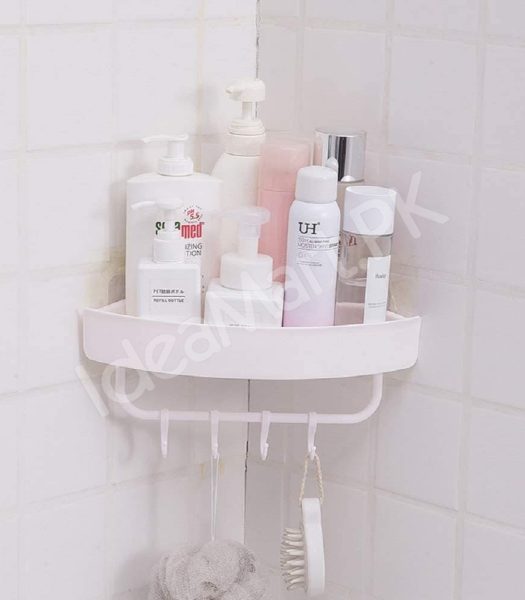 durable-plastic-corner-shower-organizer-shelf-with-4-hanging-hooks-adhesive-wall-mount-for-bathroom-toiletries-storage-product-image