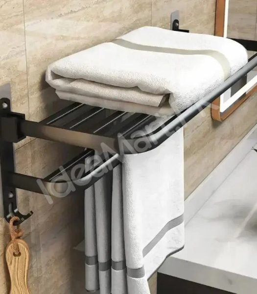 aluminum-space-saving-wall-mounted-double-folding-bath-towel-holder-shelf-with-hooks-for-bathroom-storage-product-image