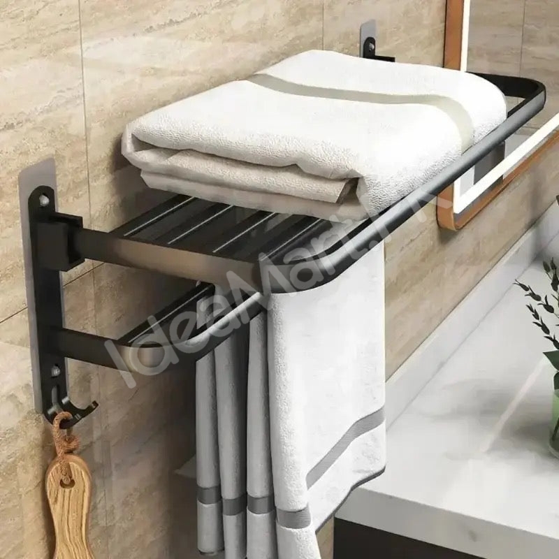 aluminum-space-saving-wall-mounted-double-folding-bath-towel-holder-shelf-with-hooks-for-bathroom-storage-product-image