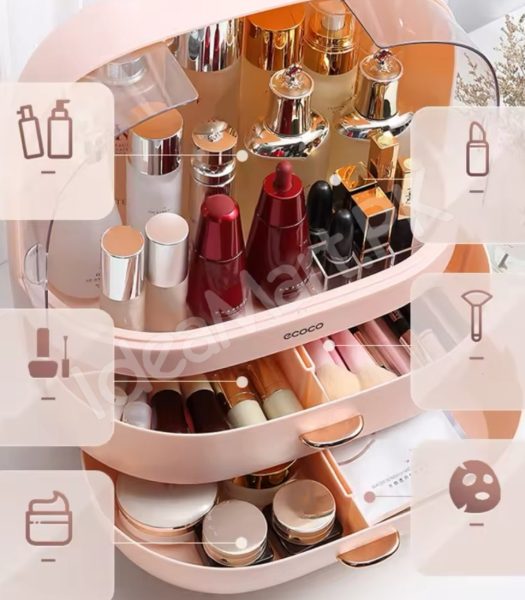 dustproof-cosmetic-storage-box-with-clear-lid-2-drawers-rose-gold-accents-for-vanity-countertop-makeup-organizer-product-image