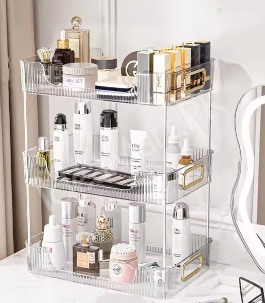 2-tier-clear-acrylic-countertop-organizer-stackable-vanity-storage-rack-with-gold-handles-for-makeup-skincare-bathroom-toiletries-product-image