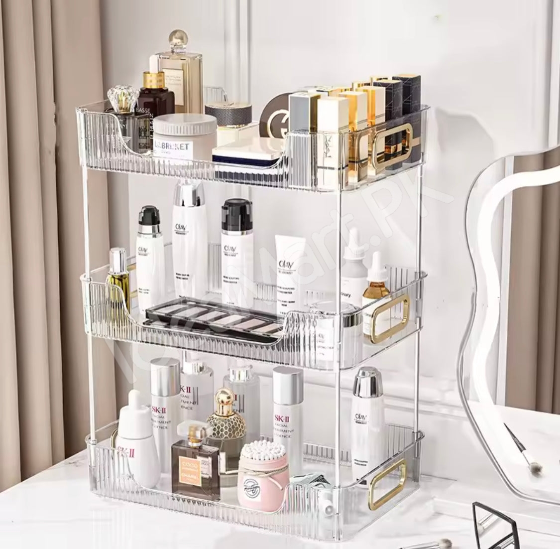 2-tier-clear-acrylic-countertop-organizer-stackable-vanity-storage-rack-with-gold-handles-for-makeup-skincare-bathroom-toiletries-product-image