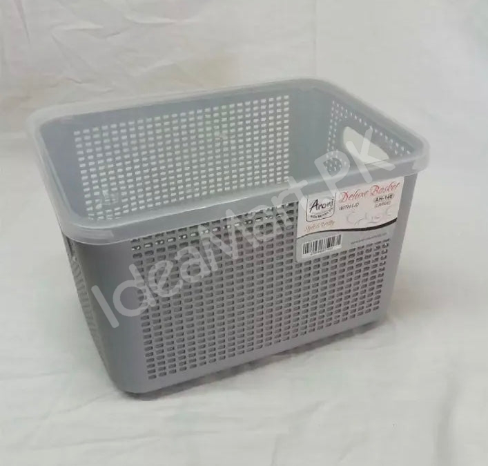 rectangular-perforated-plastic-storage-basket-with-clear-lid-built-in-carry-handlesfor-multi-purpose-home-storage-product-image