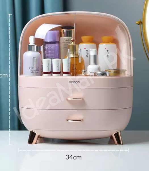 dustproof-cosmetic-storage-box-with-clear-lid-2-drawers-rose-gold-accents-for-vanity-countertop-makeup-organizer-product-image