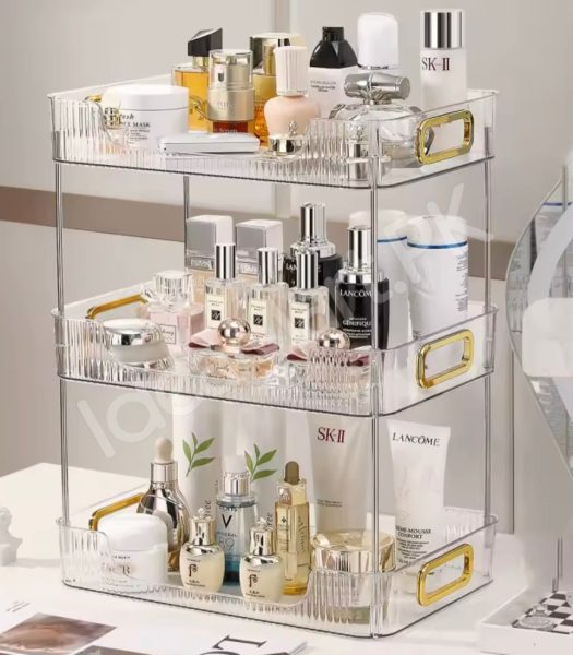 2-tier-clear-acrylic-countertop-organizer-stackable-vanity-storage-rack-with-gold-handles-for-makeup-skincare-bathroom-toiletries-product-image