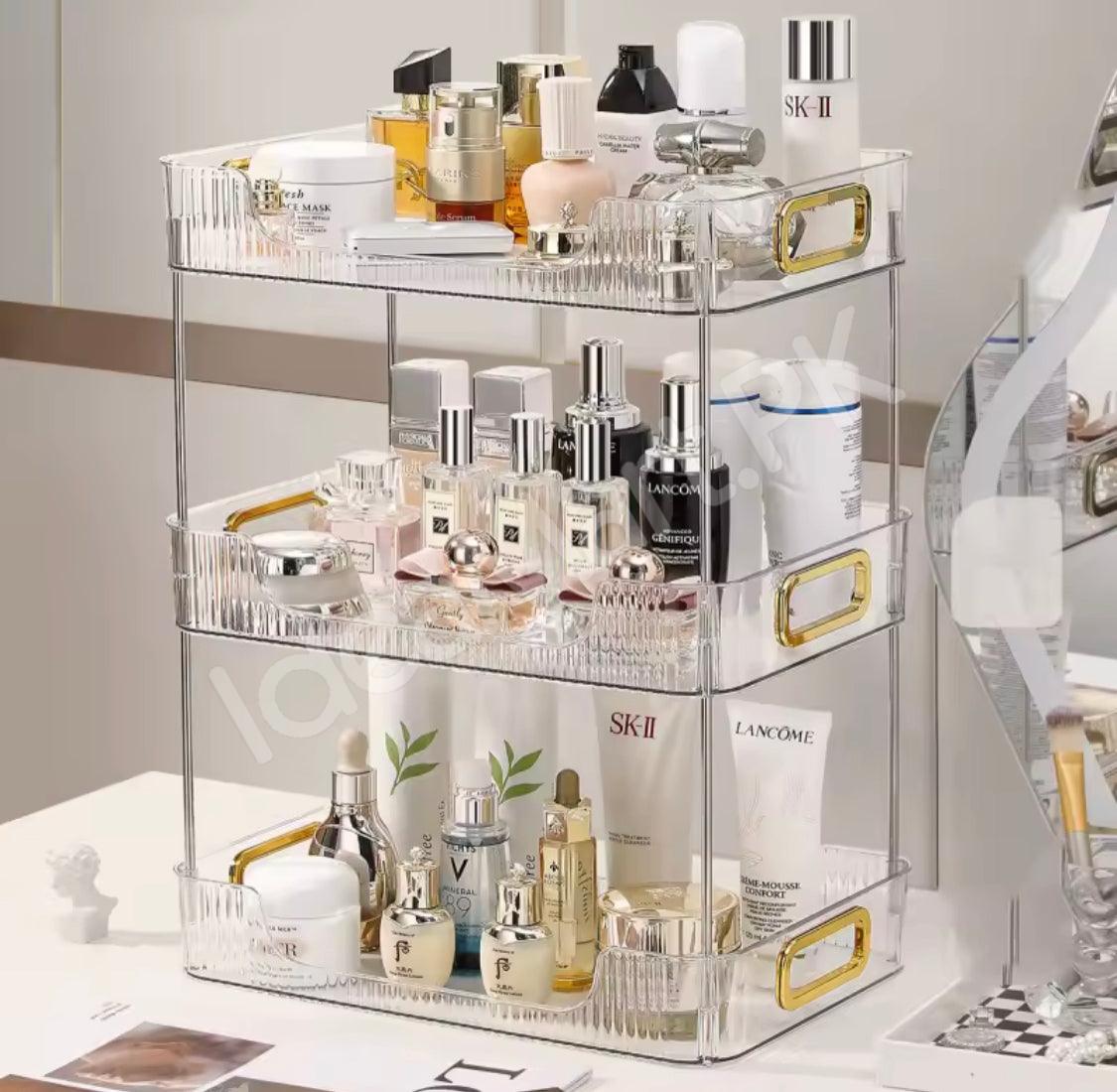 2-tier-clear-acrylic-countertop-organizer-stackable-vanity-storage-rack-with-gold-handles-for-makeup-skincare-bathroom-toiletries-product-image