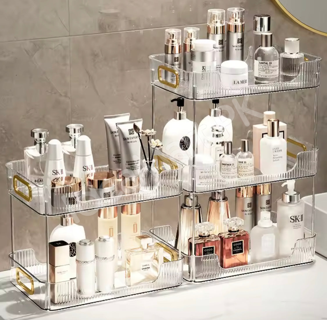 2-tier-clear-acrylic-countertop-organizer-stackable-vanity-storage-rack-with-gold-handles-for-makeup-skincare-bathroom-toiletries-product-image